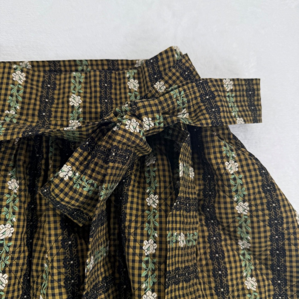Loeffler Randall XL Skirt Quilted Gingham Floral Stripe Brown Yellow Midi Tie - Picture 8 of 14